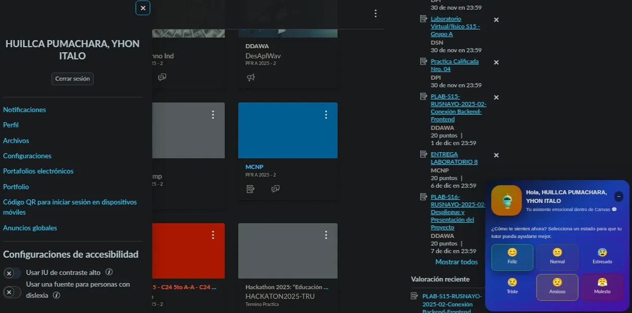 Extensión de Metodika en uso dentro de Canvas