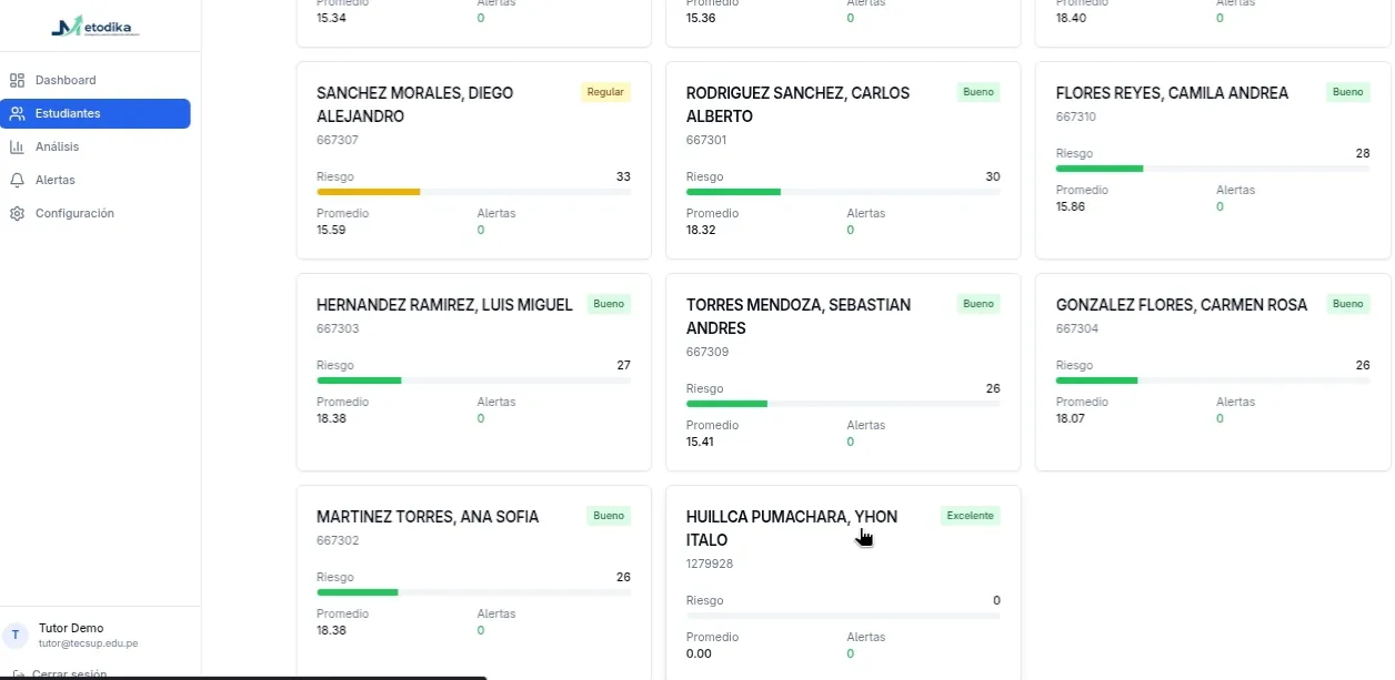 Dashboard del tutor con visualización de riesgo de estudiantes